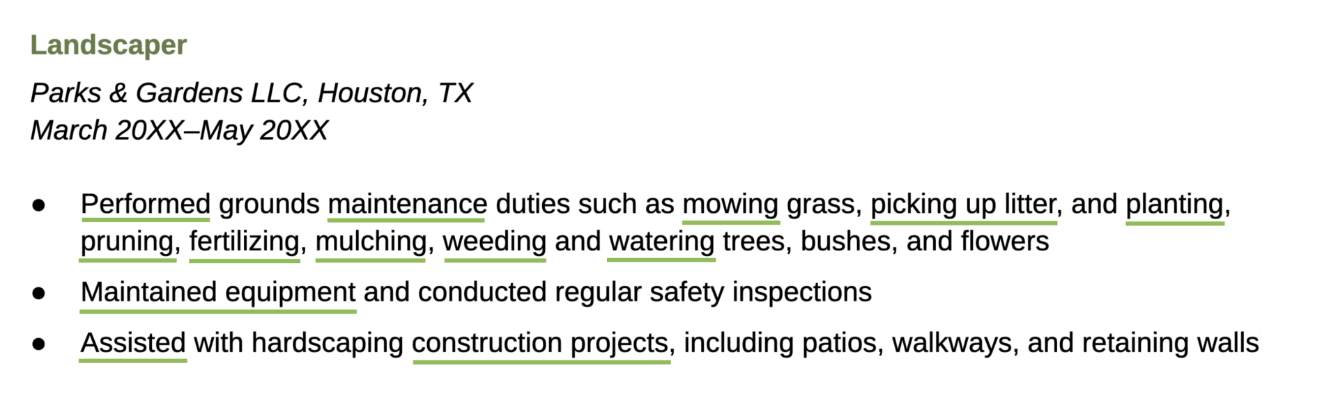 A list of job responsibilities from the work experience section of a landscaping resume.