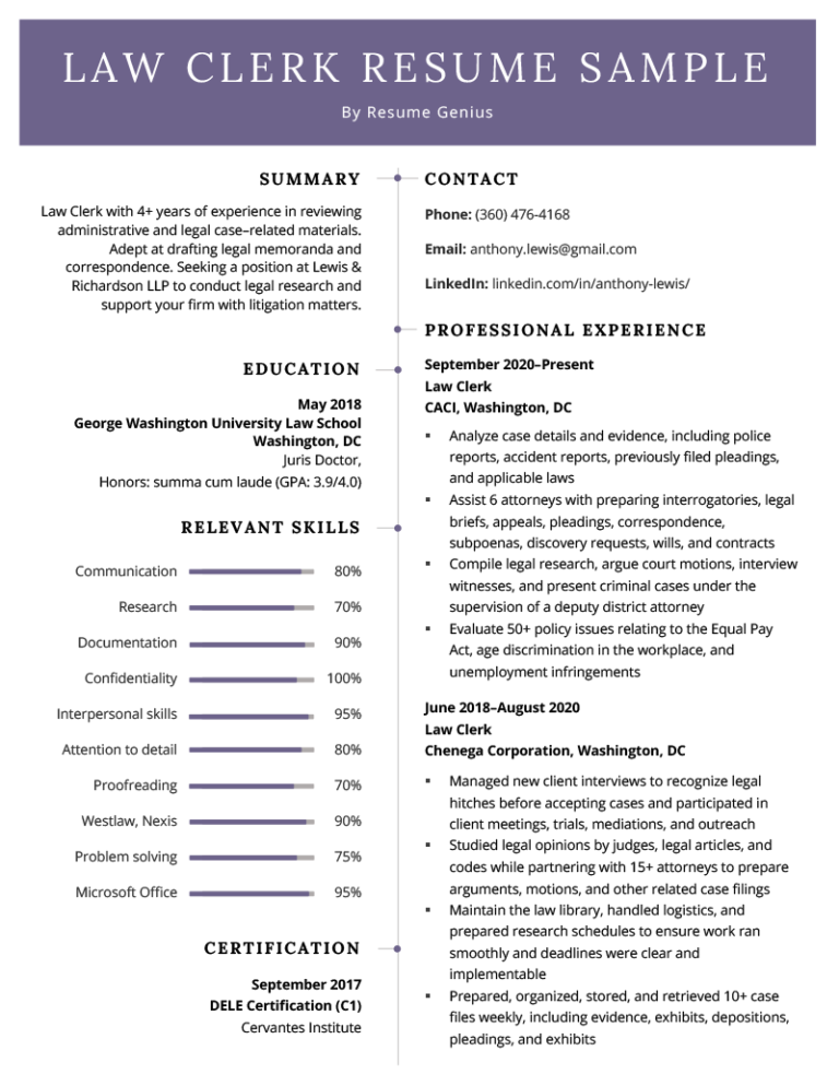 Law Clerk Resume Sample And Template Free Download
