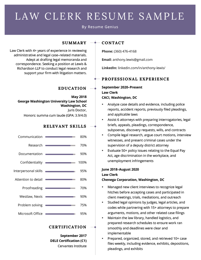 A professional law clerk resume sample with a bold horizontal purple header and a large skills section