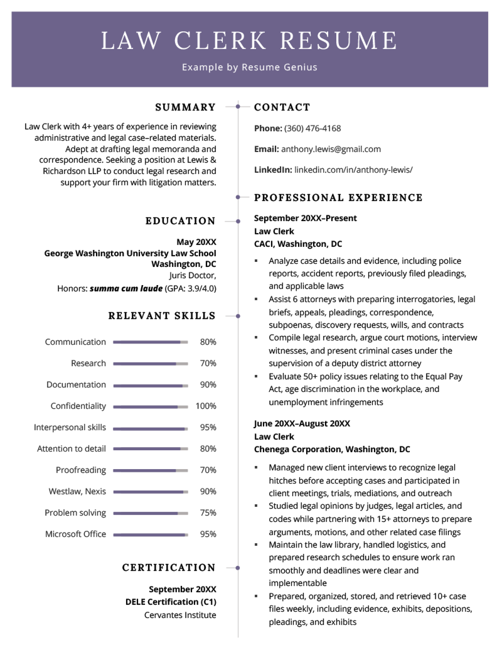 A professional law clerk resume sample with a bold horizontal purple header and a large skills section