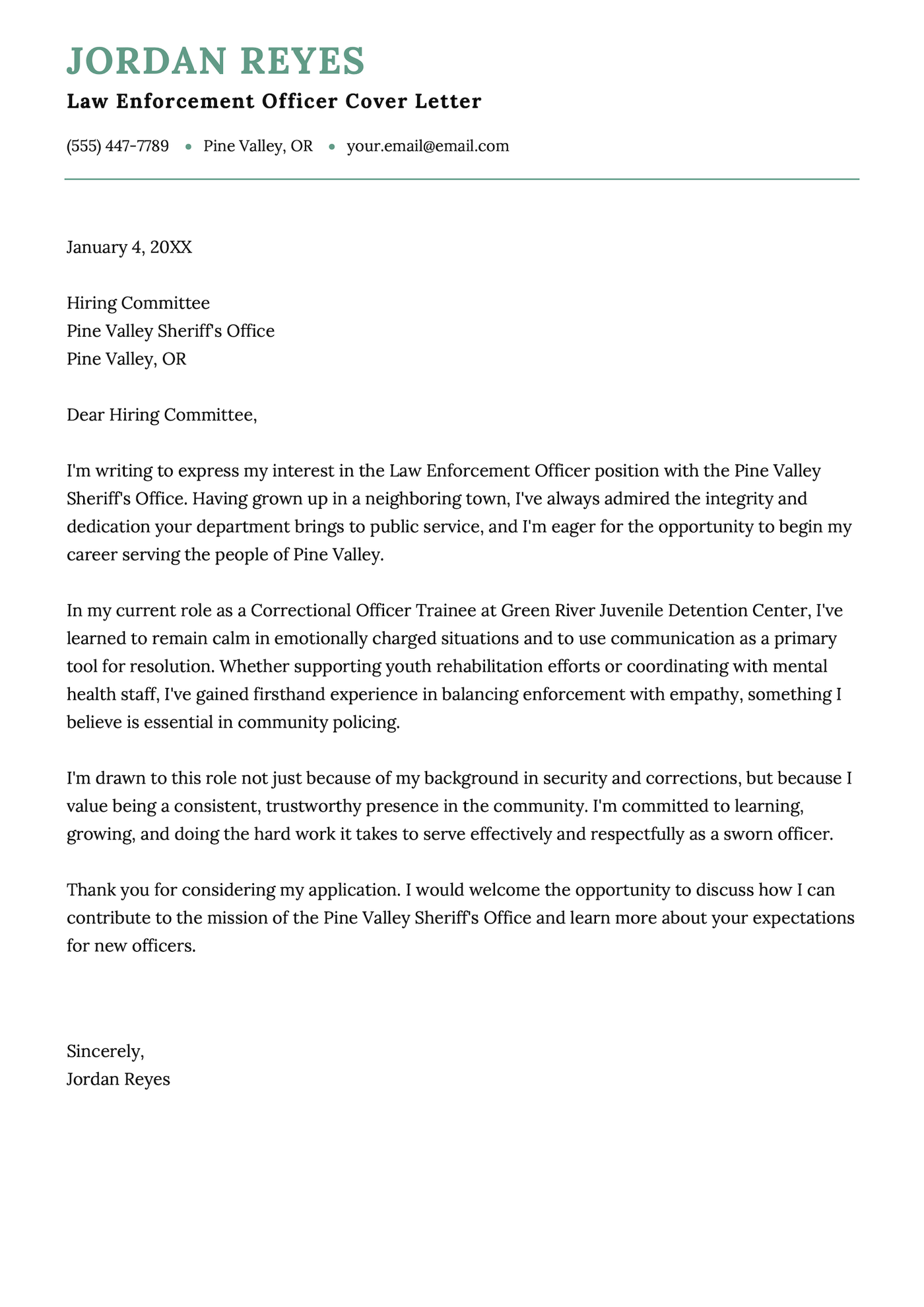 A law enforcement officer cover letter example.