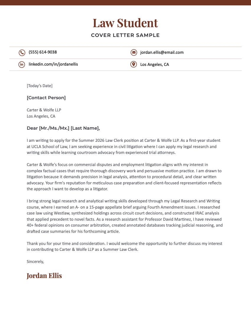 A first-year law student cover letter sample