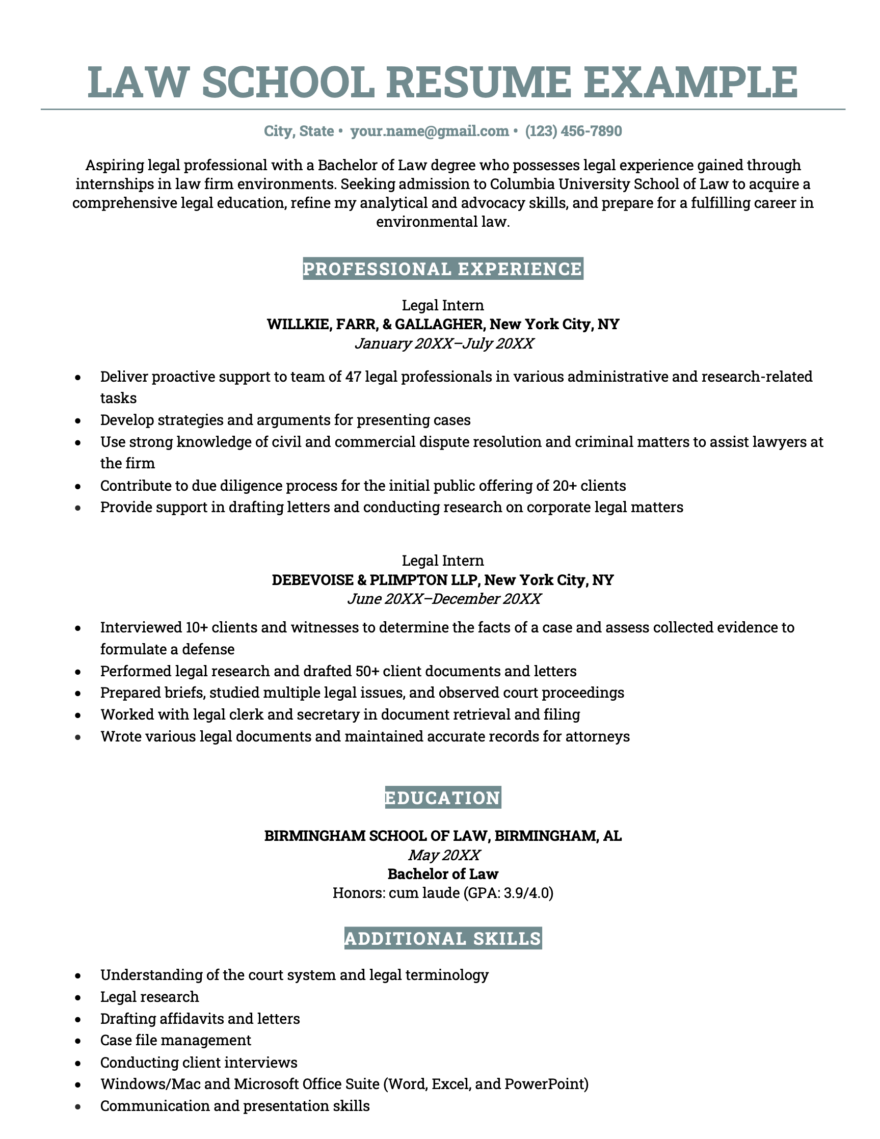 An example resume for a law school graduate