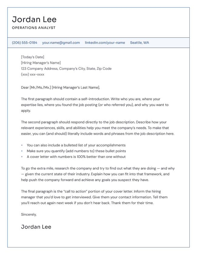 Layer cover letter template in blue