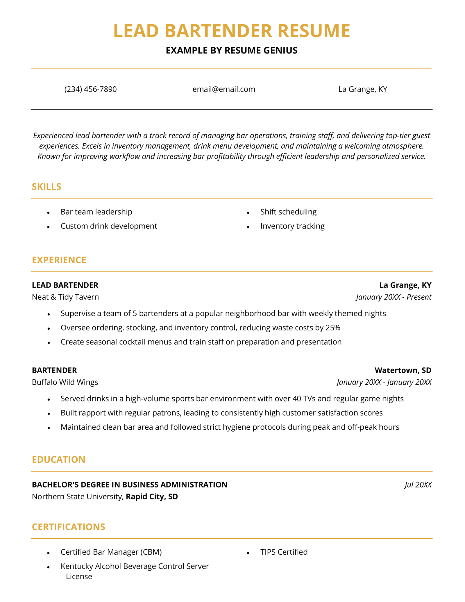 A lead bartender resume example.