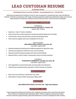 An example of a resume for a lead custodian position.