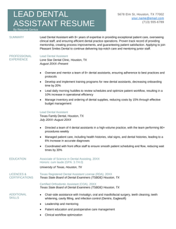 A clean and spacious resume for a lead dental assistant featuring skills professional experience and resume summary
