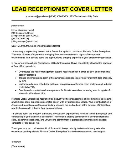 An example cover letter for a lead receptionist.