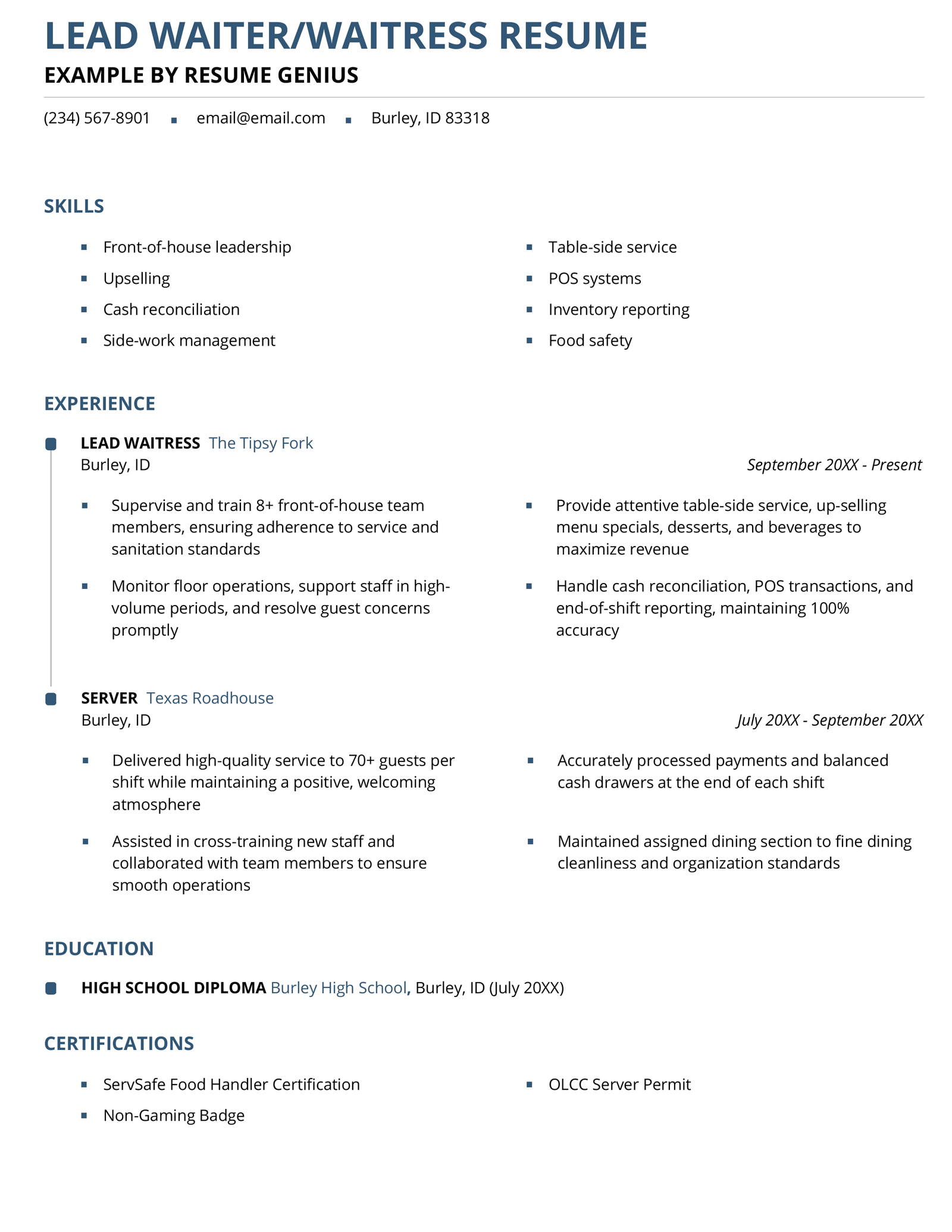 A lead waiter/waitress resume example.