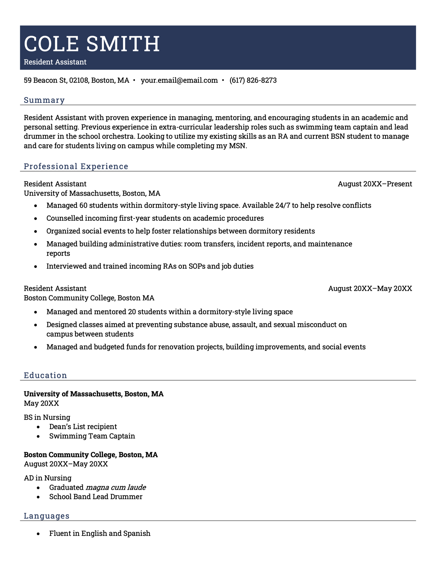 An example resident assistant resume showing leadership skills.