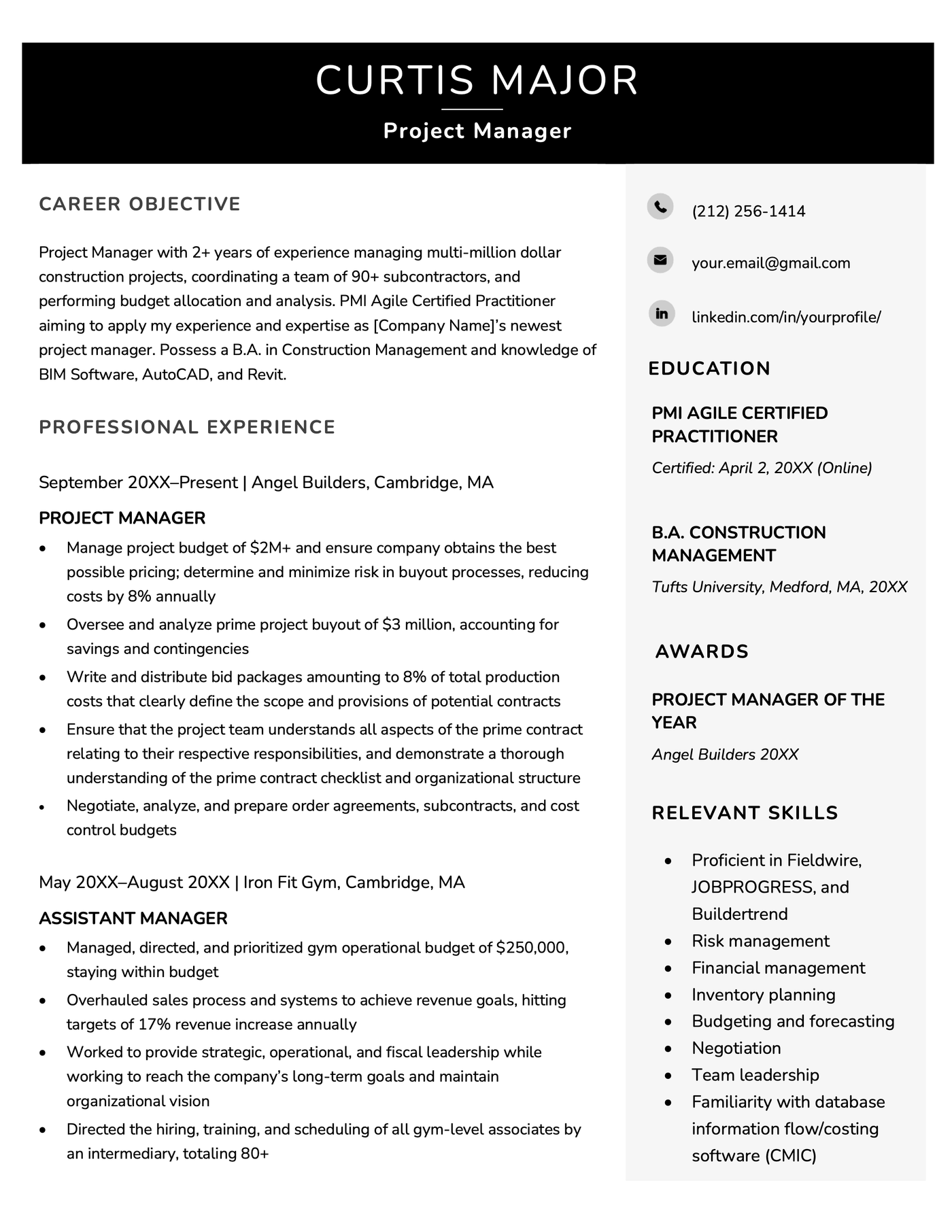 An example project manager resume showing leadership skills.