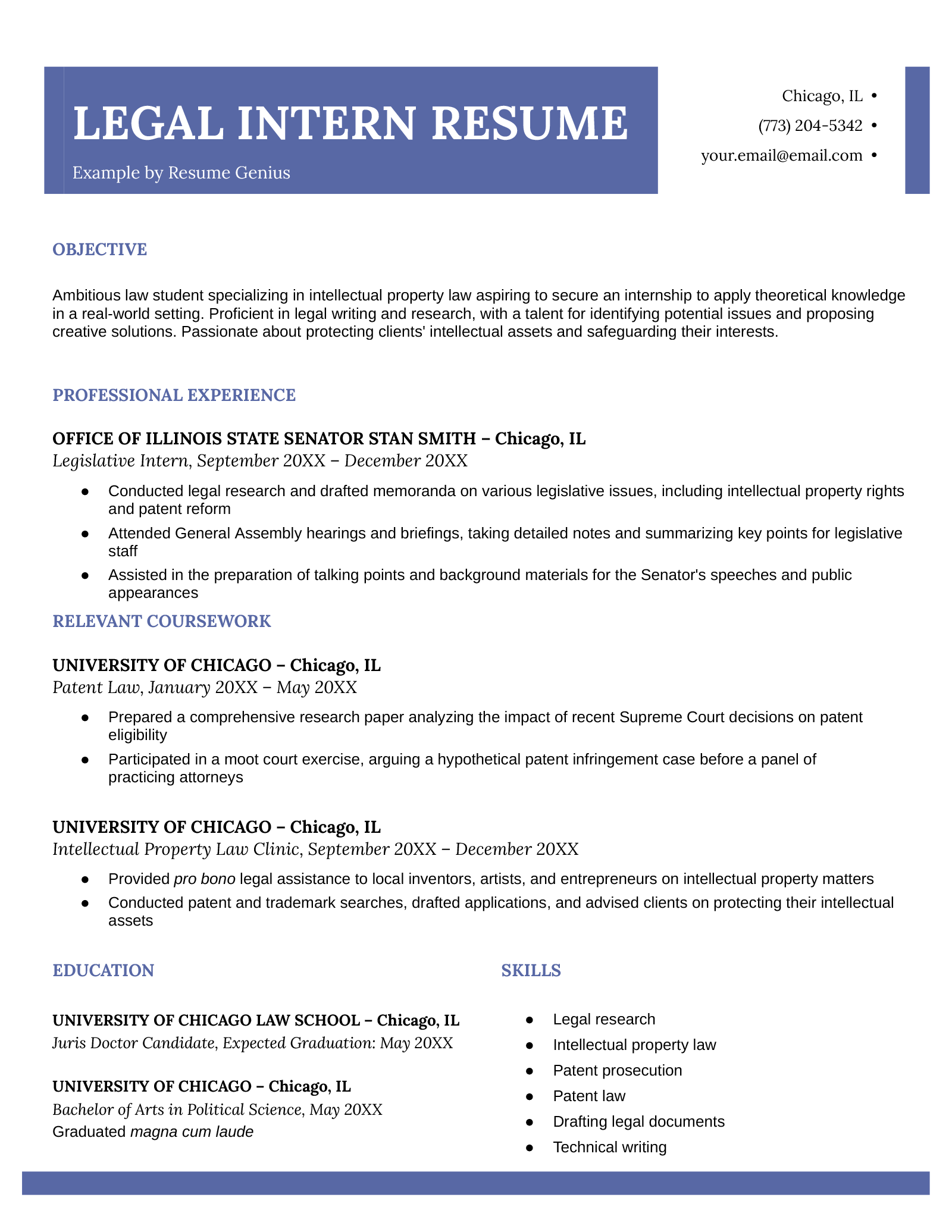 An example resume for a legal intern.