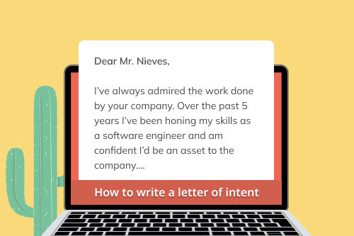 A graphic of a computer sitting next to a cactus against a yellow background with a letter of intent showing on the screen.