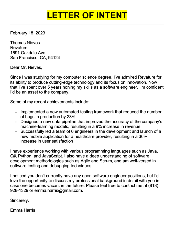 A letter of intent written by a software engineer with five years of experience.