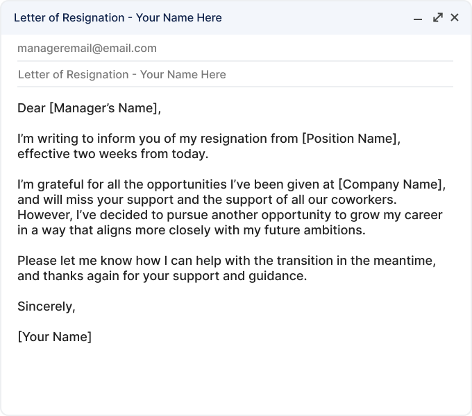 Example of a letter of resignation sent via email, with a blue Gmail popup.