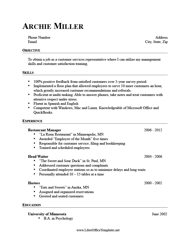 The Changing Fields resume template for LibreOffice, featuring resume skills higher up on the page, which is suitable for a career change