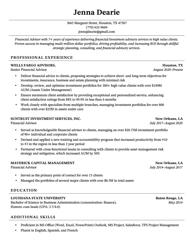 The Chicago resume template, featuring a centered header and contact details, as well as horizontal lines to break up sections