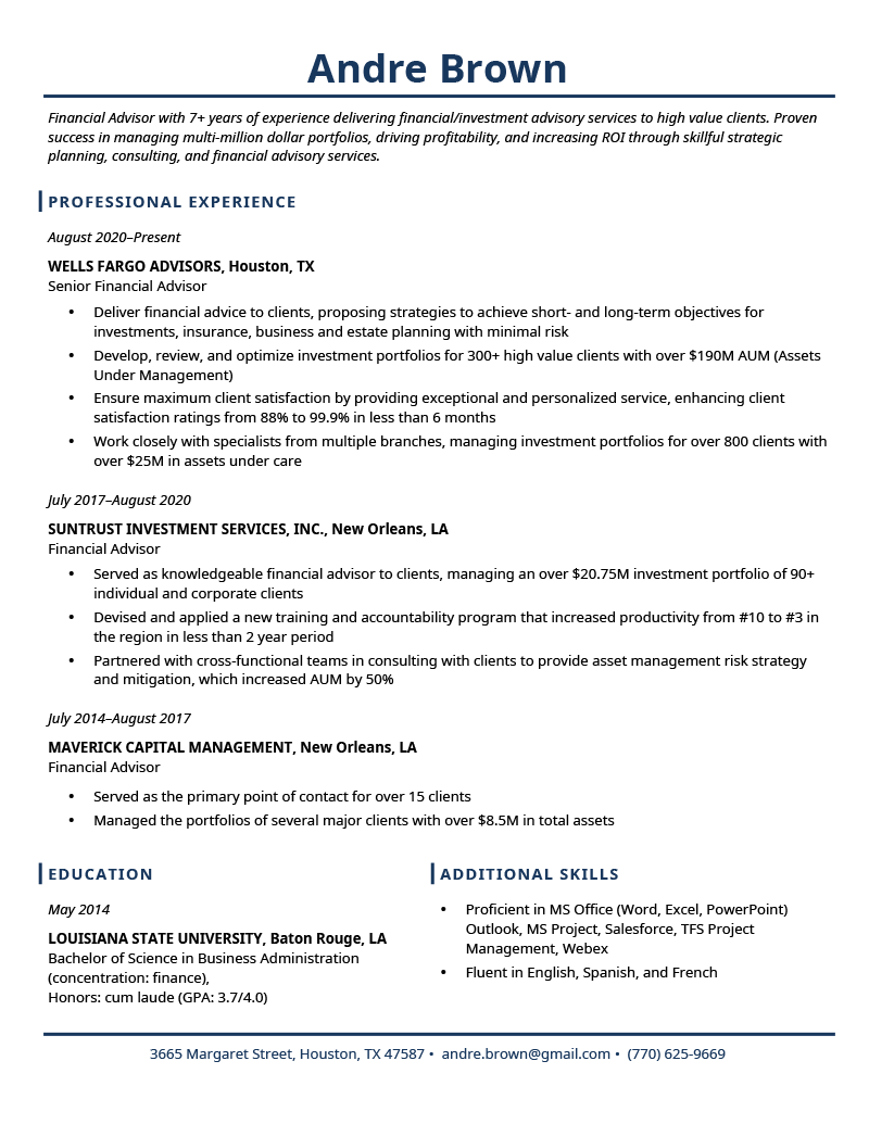The Empire State resume template, which has dark blue text in the headers and contact information footer and is compatible with LibreOffice