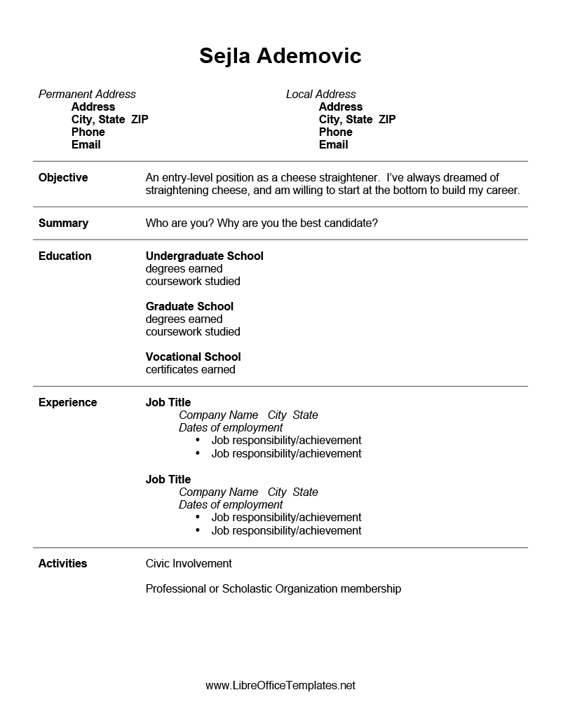 The Entry Level Resume Template for LibreOffice, which is designed to fit the needs of students and recent graduates