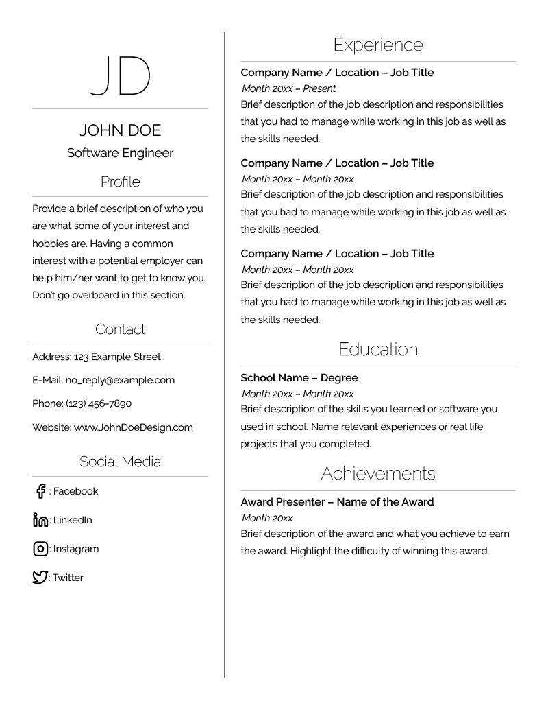 The Minimalist resume template for LibreOffice, which features the applicant's initials in the header and uses a two-column format