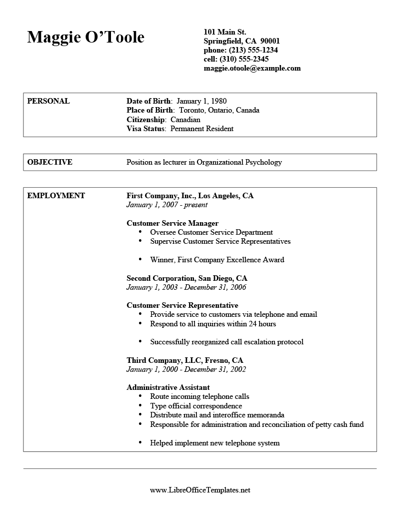 The Professional CV template for LibreOffice, which has a floating header and rectangles to divide out CV sections