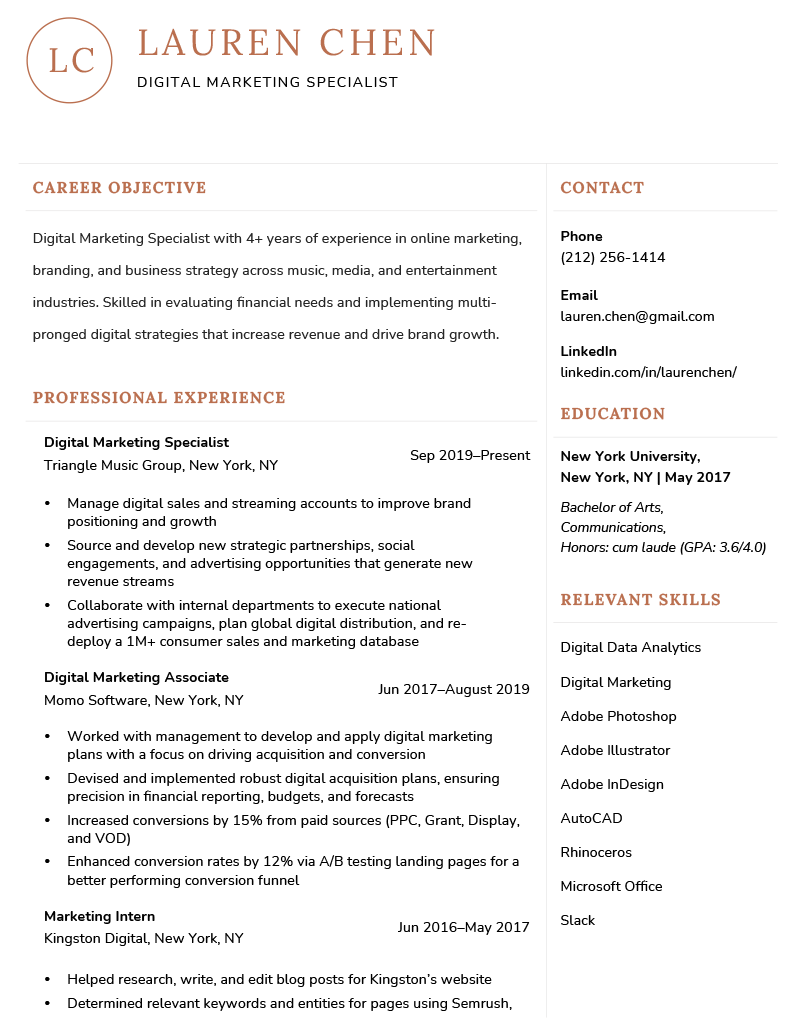 The Unique resume template, which has orang header text and a two-column layout, and is compatible with libreoffice