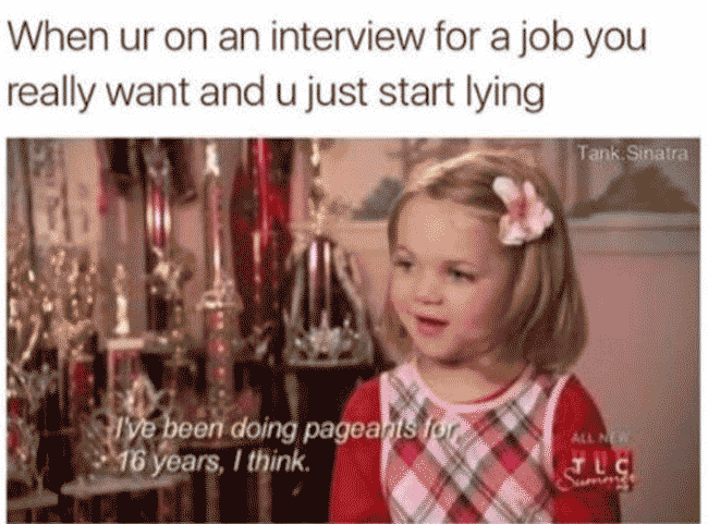 Image of a girl about six years old being interviewed, saying that she's been doing pageants for 16 years: "when you're on an interview for a job you really want and you just start lying."