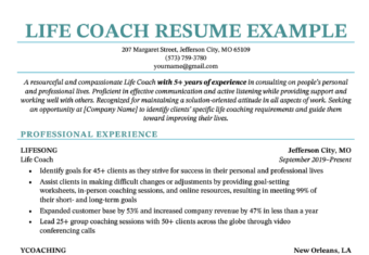 A life coach resume example with turquoise header text and sections for the applicant's contact information, summary, professional experience, education & certification, and additional skills