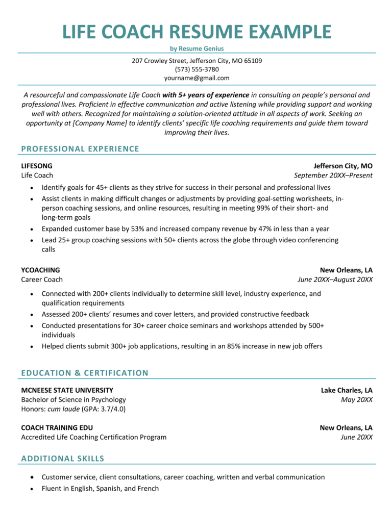 Life Coach Resume Examples & Template (+15 Skills to List)