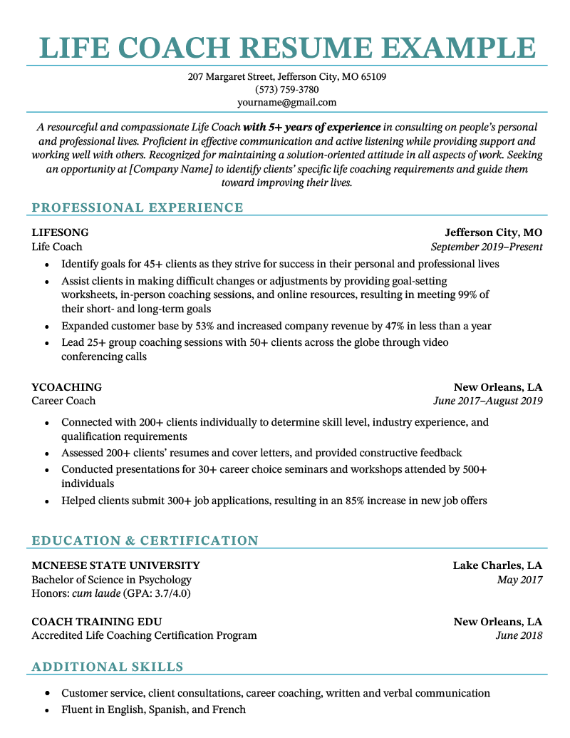 Life Coach Resume - Examples & Template (+15 Skills to List)