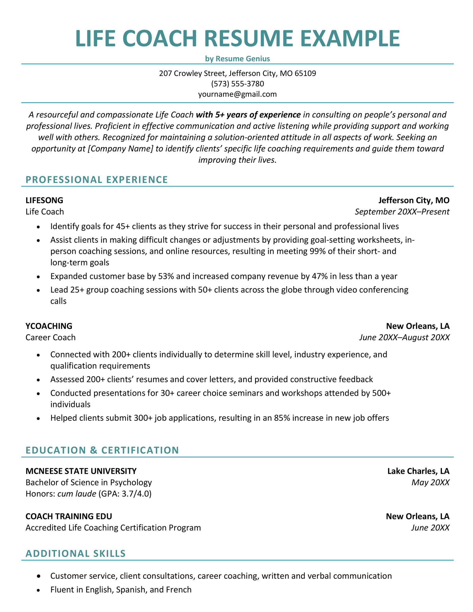 A life coach resume example with turquoise header text and sections for the applicant's contact information, summary, professional experience, education & certification, and additional skills