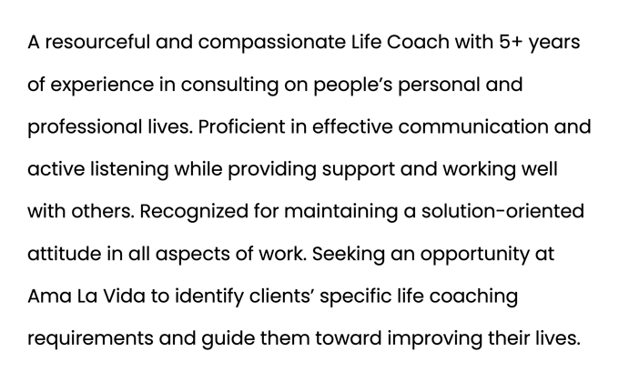 A screenshot of a life coach resume summary example with 4 sentences describing the applicant's most job-relevant skills, experience, and career goals