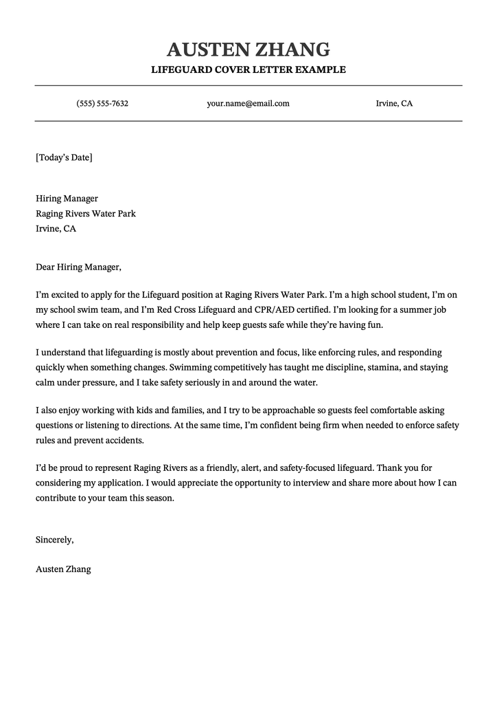An example of a cover letter for a lifeguard position written by a high school student.