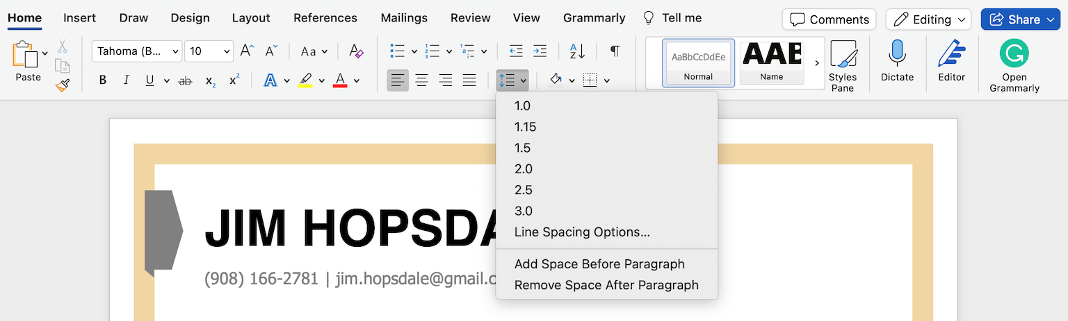 an image of the line spacing options in Microsoft Word document