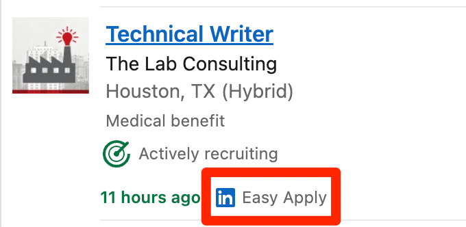 A LinkedIn screenshot showing where to click to apply for a job using their easy apply feature