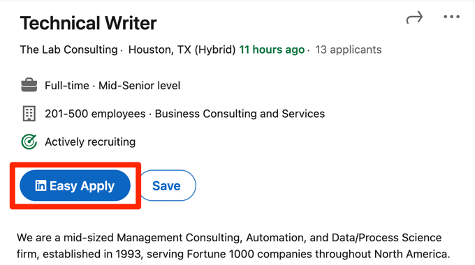 A LinkedIn screenshot showing where to click to easily apply for a job