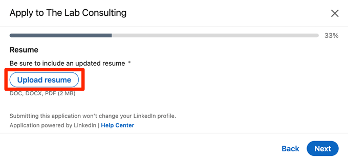 A LinkedIn screenshot showing where to click to upload your resume when applying for a job