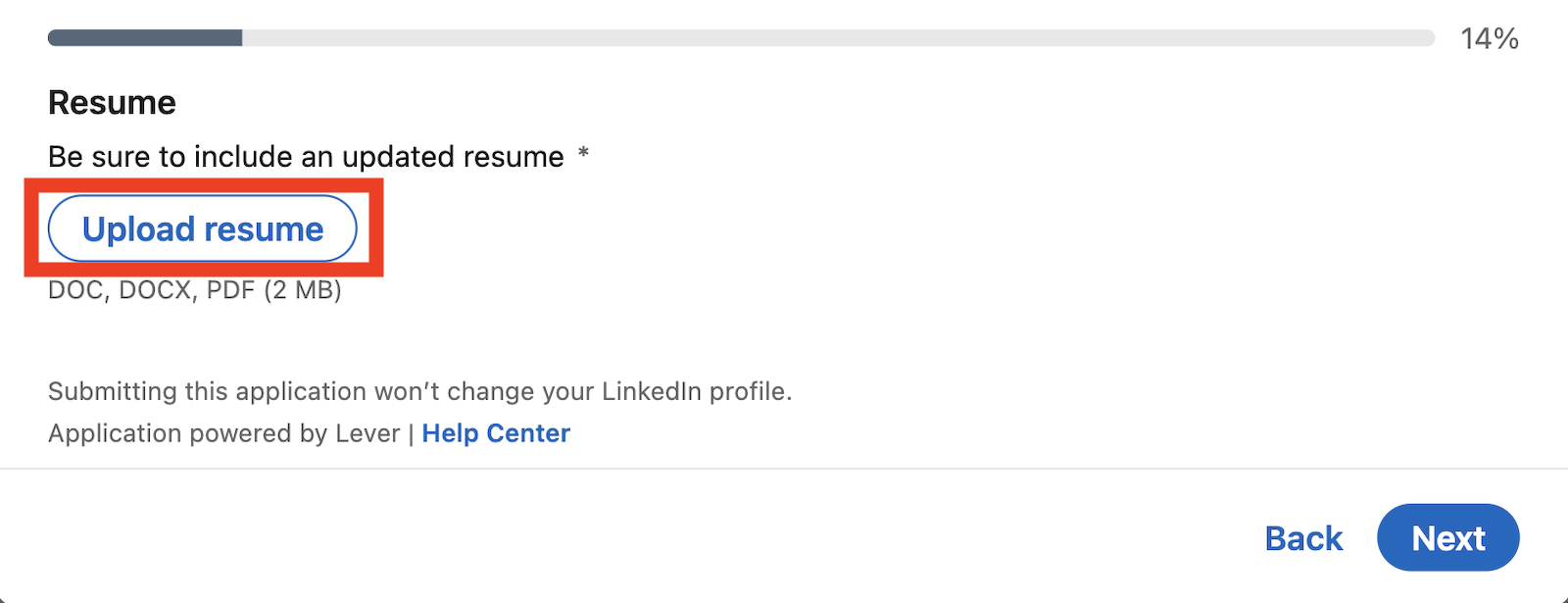 A LinkedIn screenshot showing where to click to upload your resume when applying for a job