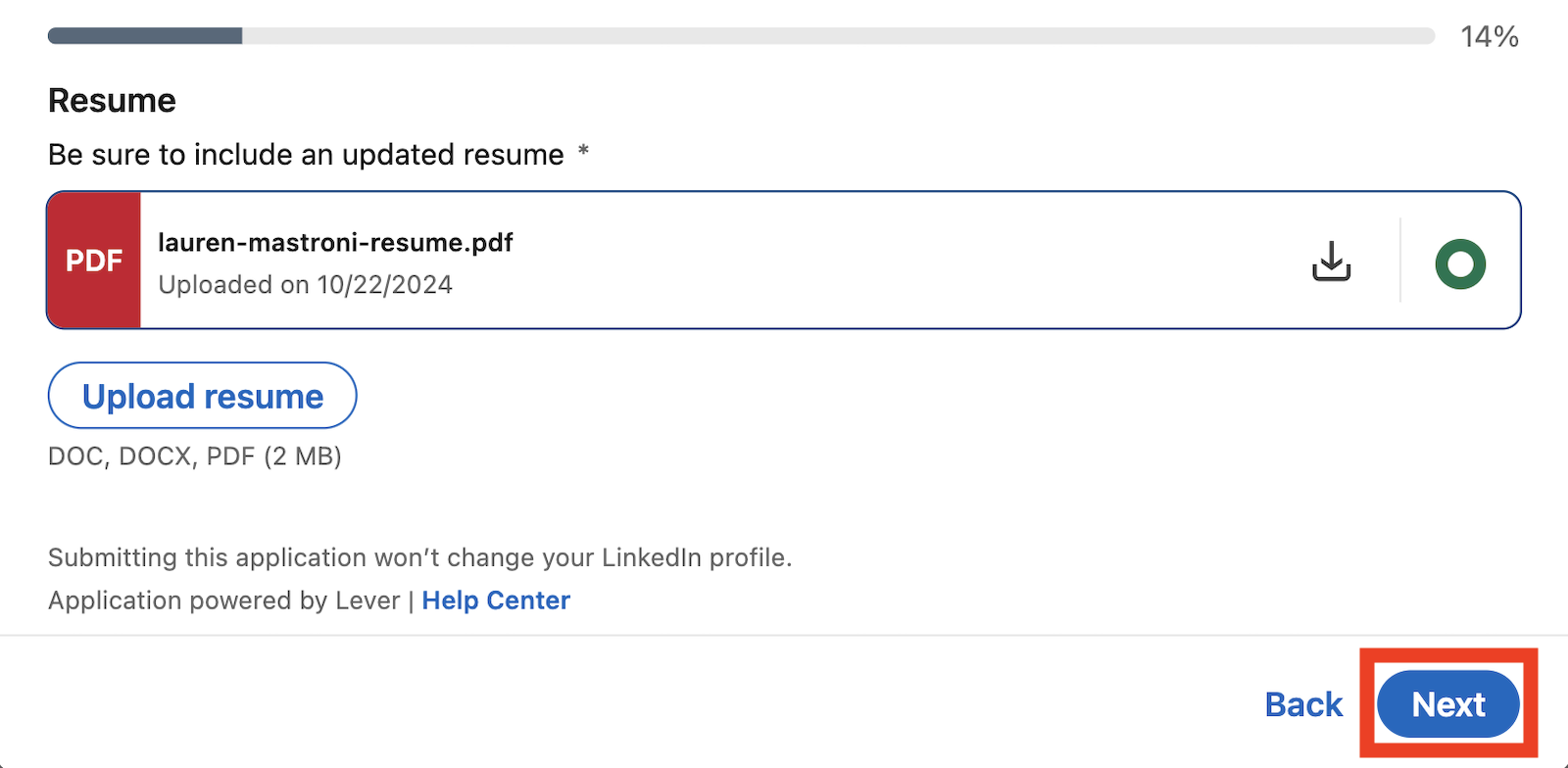 A LinkedIn screenshot showing where to click to submit your job application