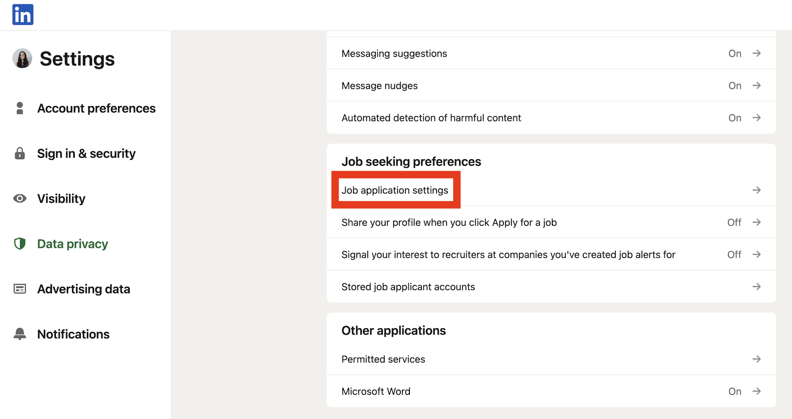 A LinkedIn screenshot showing where to click to update your job application settings