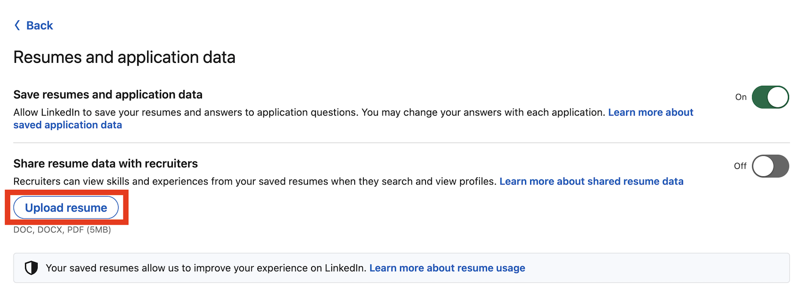 A LinkedIn screenshot showing where to click to upload your resume to your account