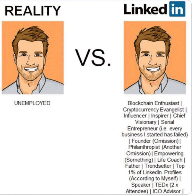 A LinkedIn meme showing two headshots for the same man, one is "reality": unemployed and the other is for LinkedIn and has an excessively long headline.