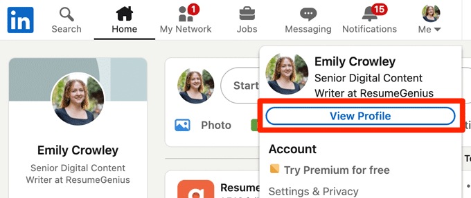 A LinkedIn screenshot showing where to click to access your profile