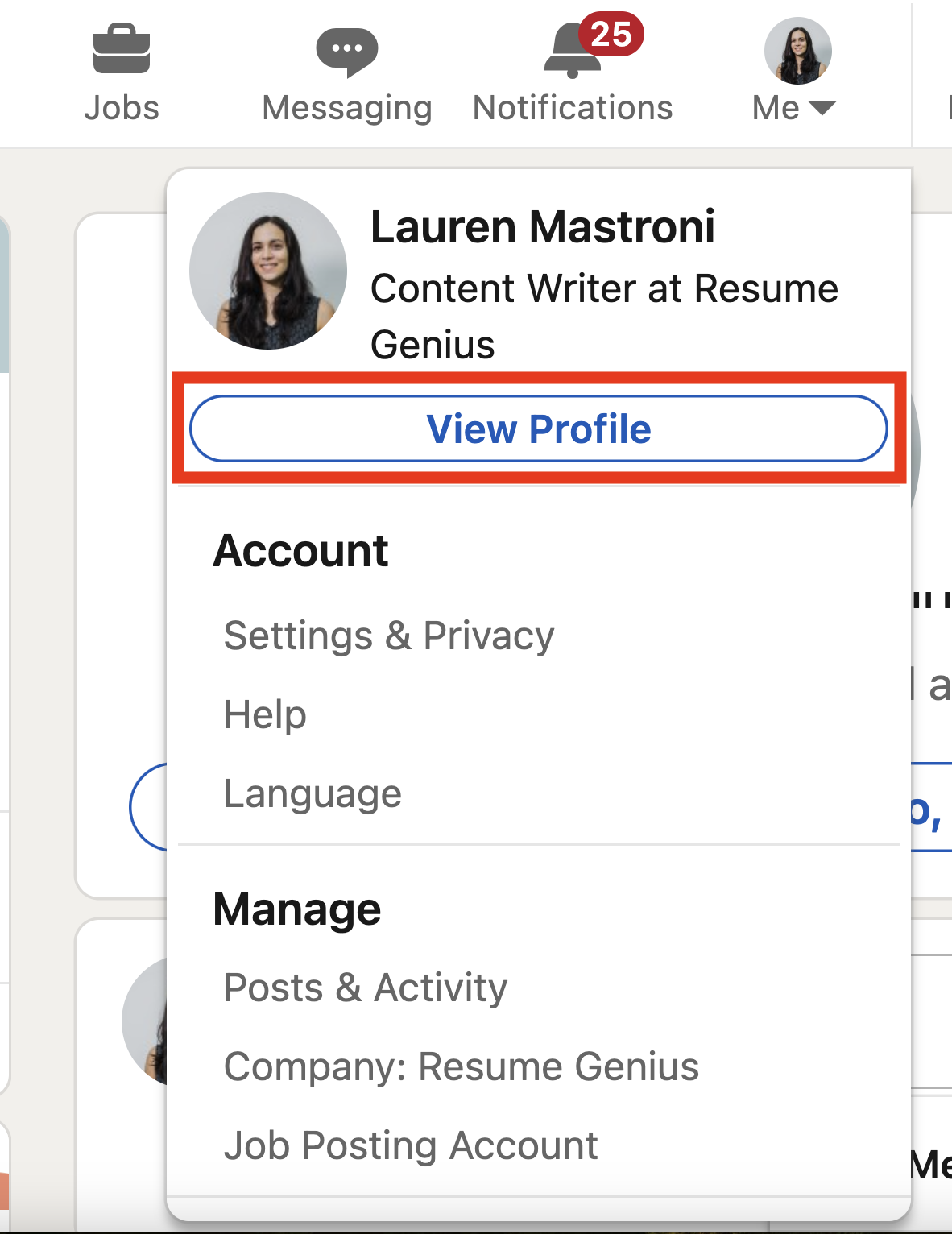 A LinkedIn screenshot showing where to click to access your profile