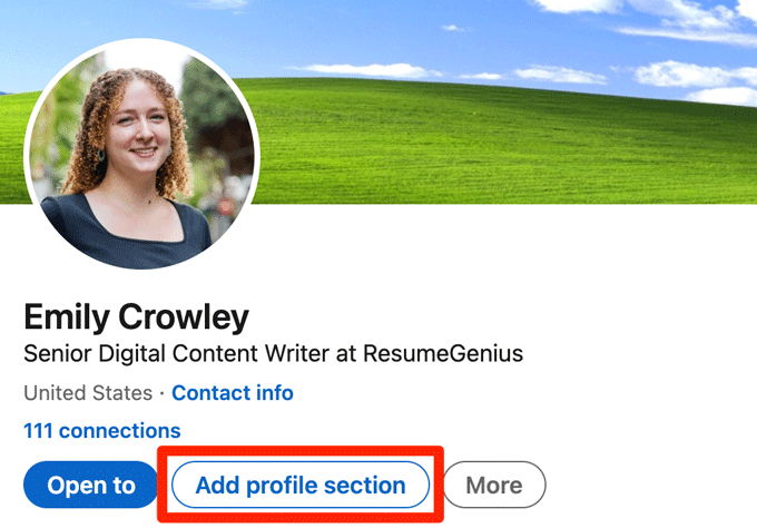 A LinkedIn screenshot showing where to click to add a section to your profile
