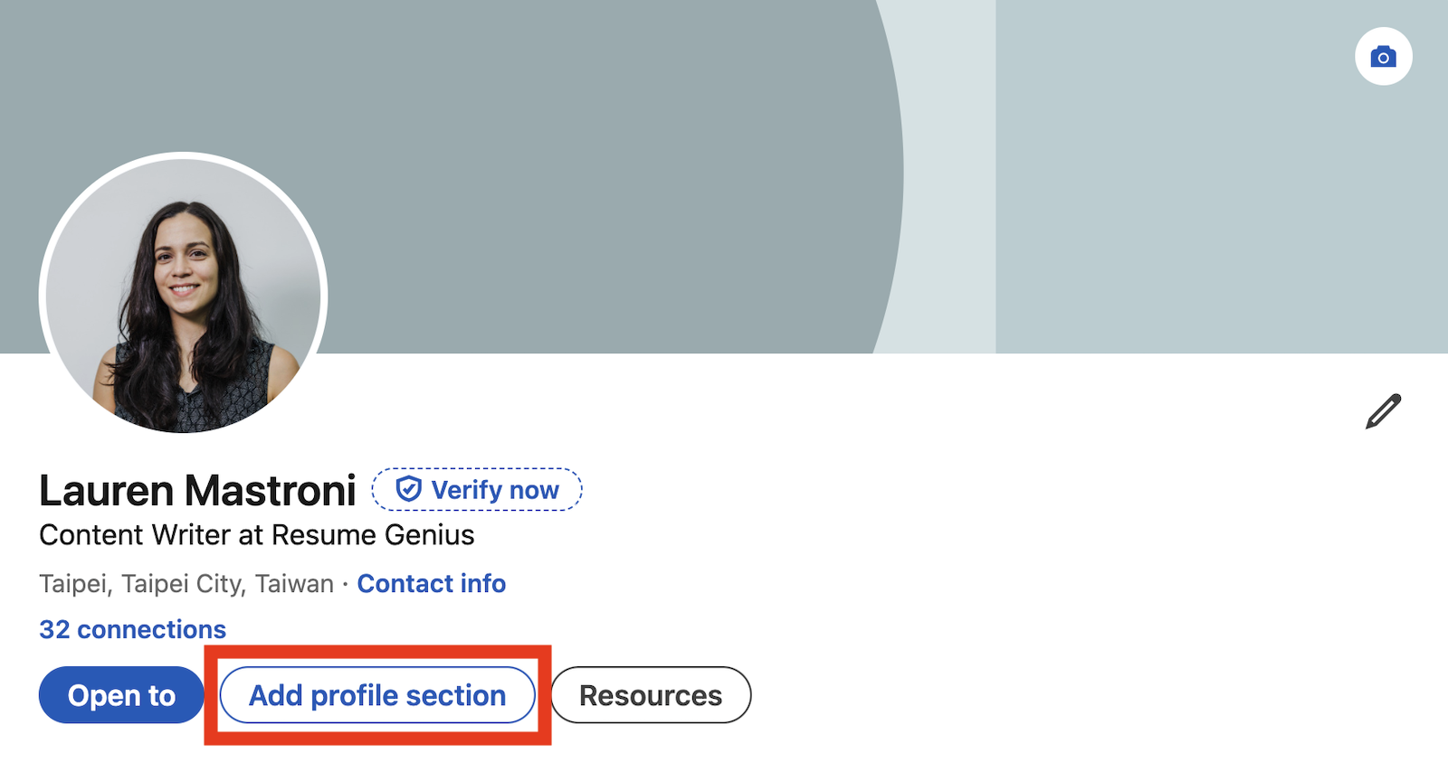 A LinkedIn screenshot showing where to click to add a section to your profile