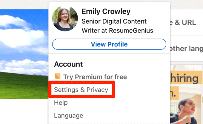 A LinkedIn screenshot showing where to click to access your settings and privacy