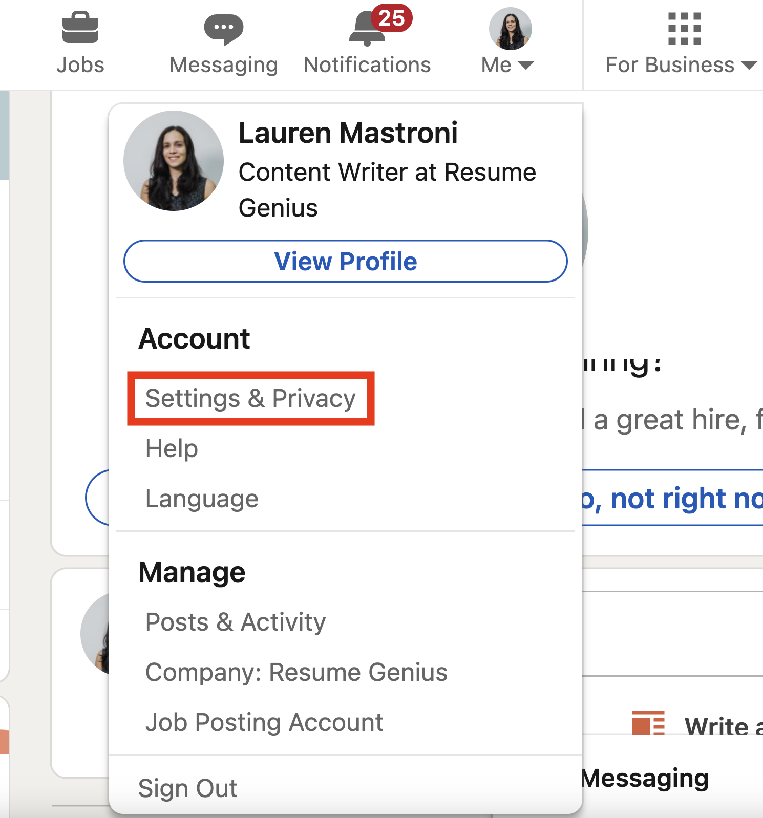 A LinkedIn screenshot showing where to click to access your settings and privacy