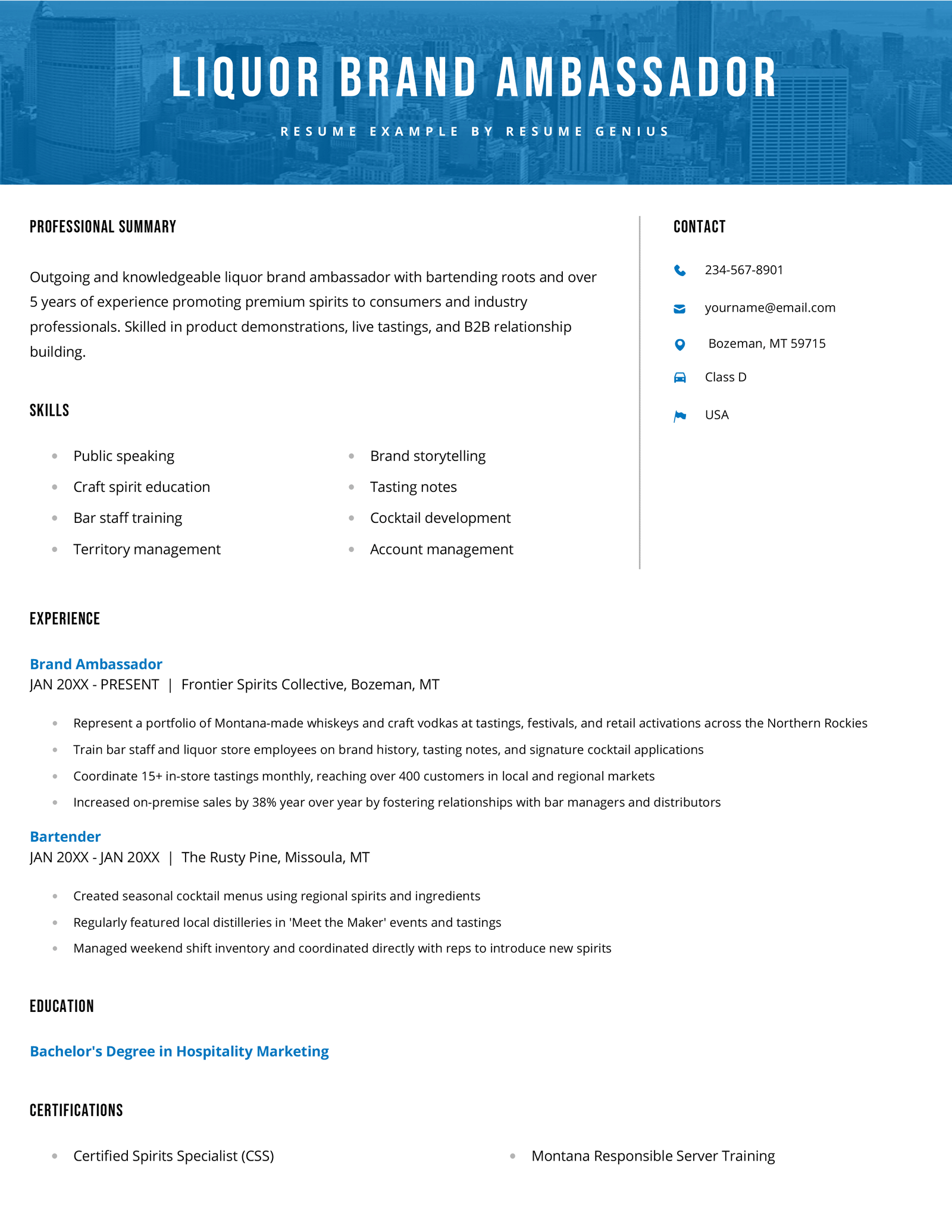 A liquor brand ambassador resume example.