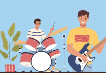 Two boys playing the drums and the guitar to show the interests on a resume